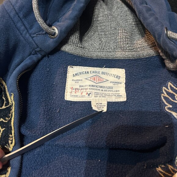 American Eagle Men’s Vintage Blue Full-Zip Hoodie Sz M Spell Out Y2K Cozycore - Picture 7 of 8